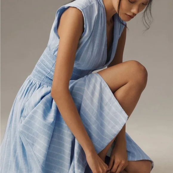 The Tommie Cap-Sleeve Smocked Front Zip Shirt Dress: Linen Addition - Picture 2 of 7